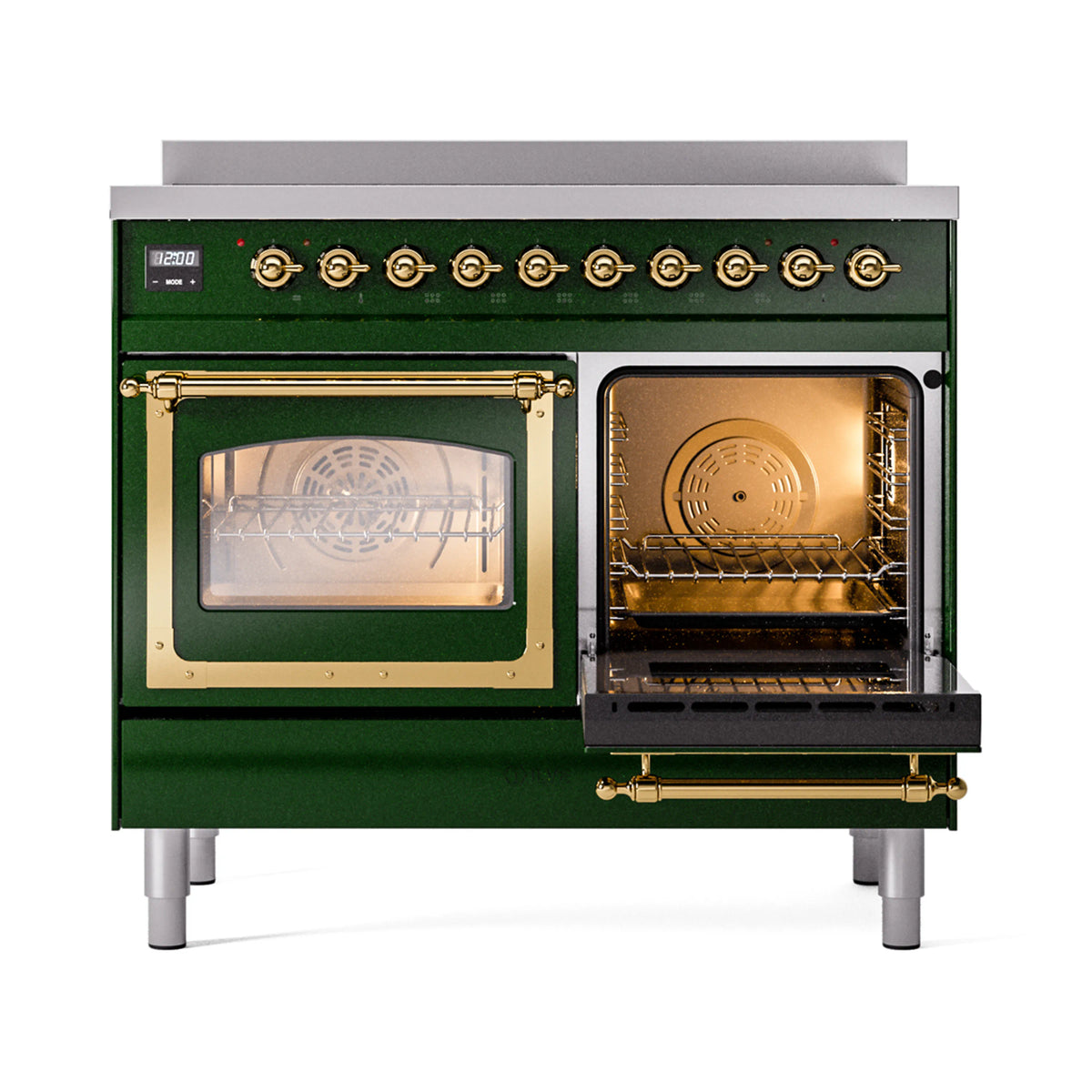 Emerald green range with brass-trimmed dual ovens and an open door showing racks inside