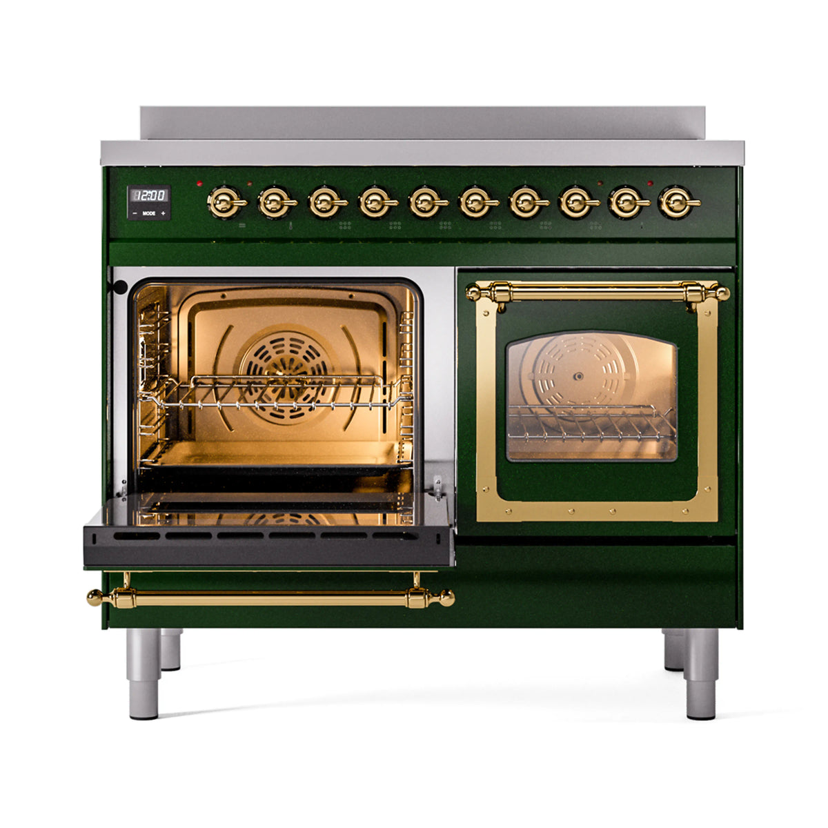 Emerald green range with brass hinges and two oven openings with wire racks inside