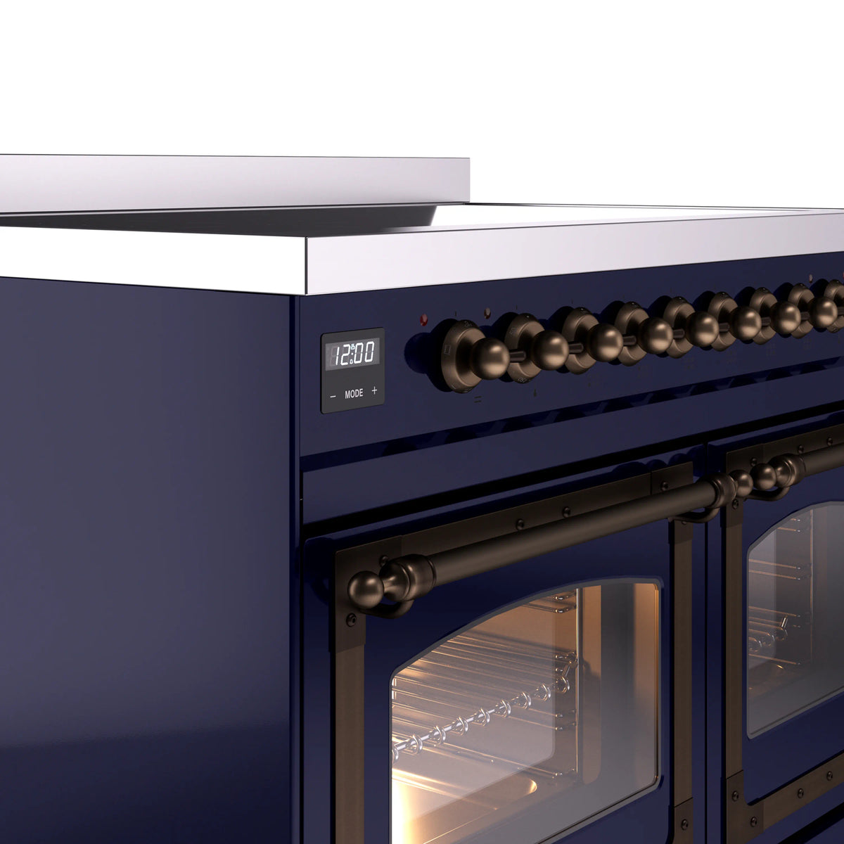 Induction range control panel with bronze knobs and digital display
