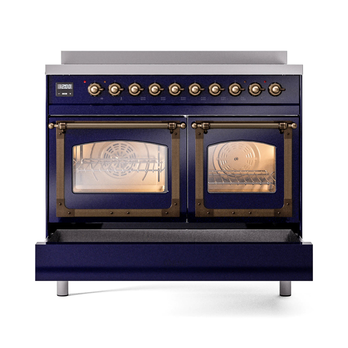 Midnight blue induction range front with two glass oven doors and bronze control knobs