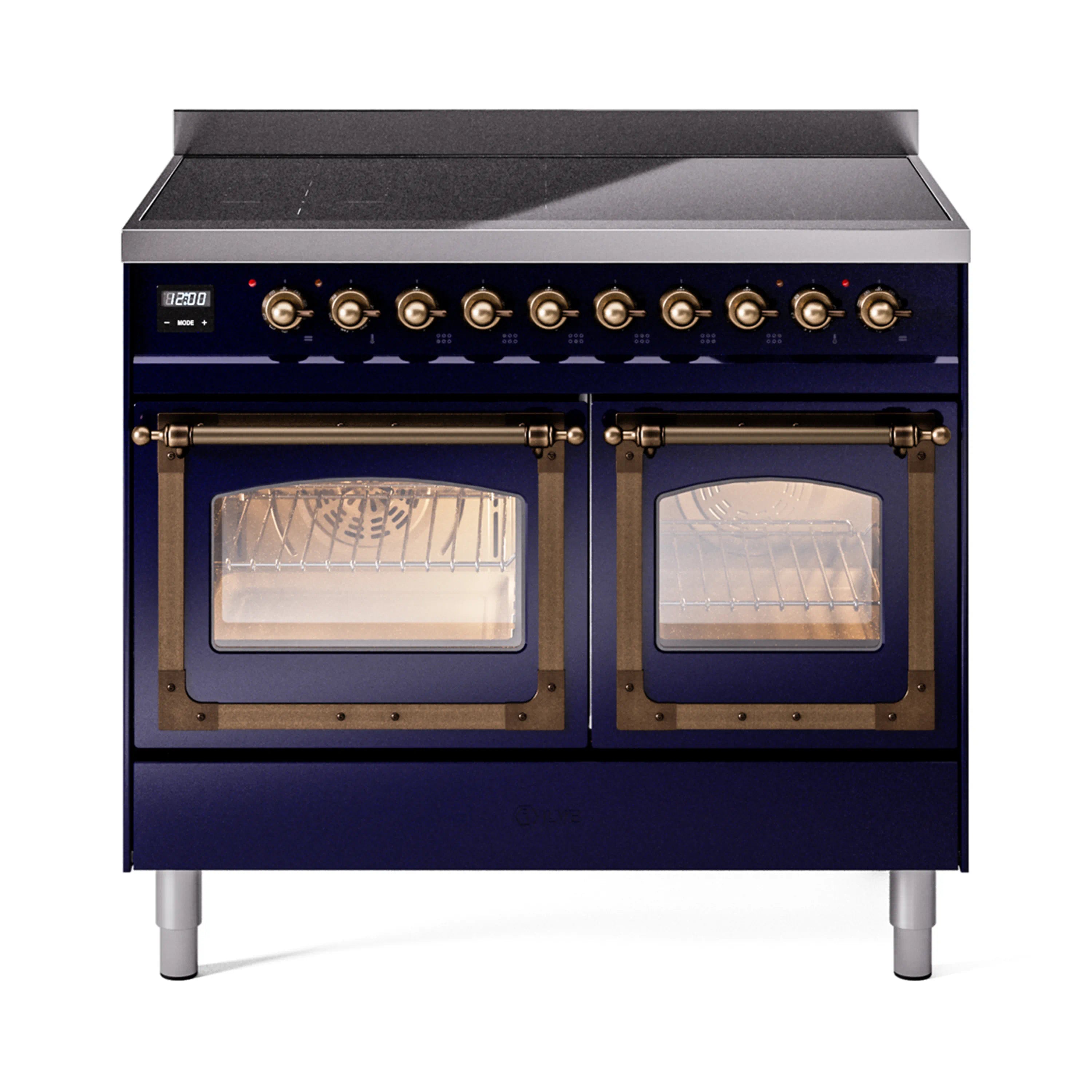 Midnight blue induction range front with cooktop controls and two oven glass doors