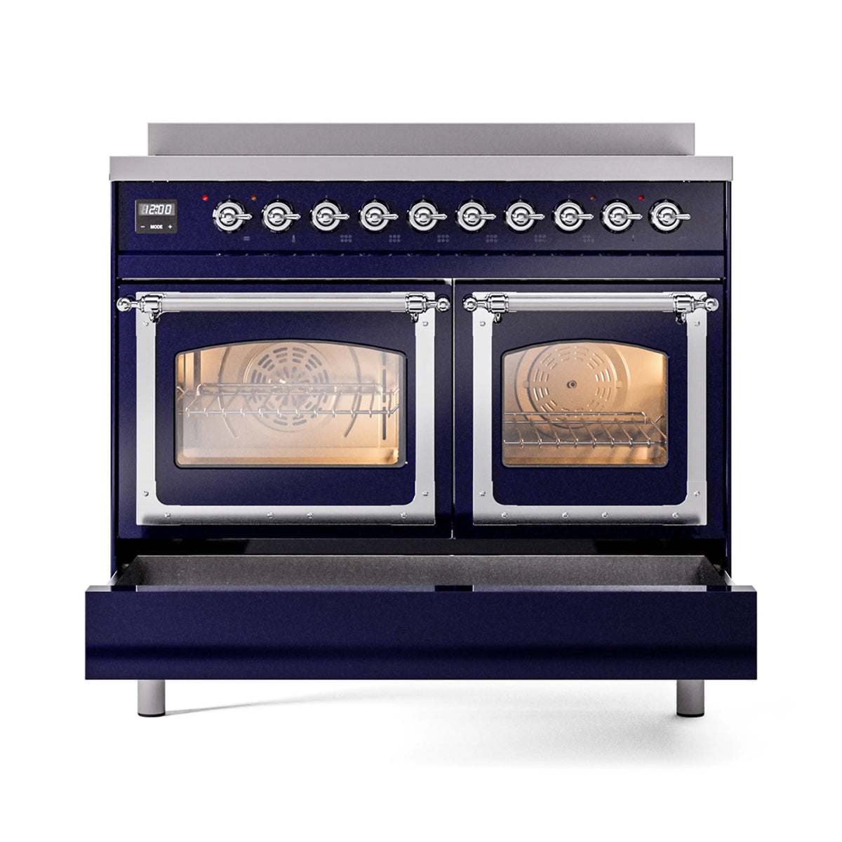 Midnight blue induction range with both oven doors open, chrome handles and racks
