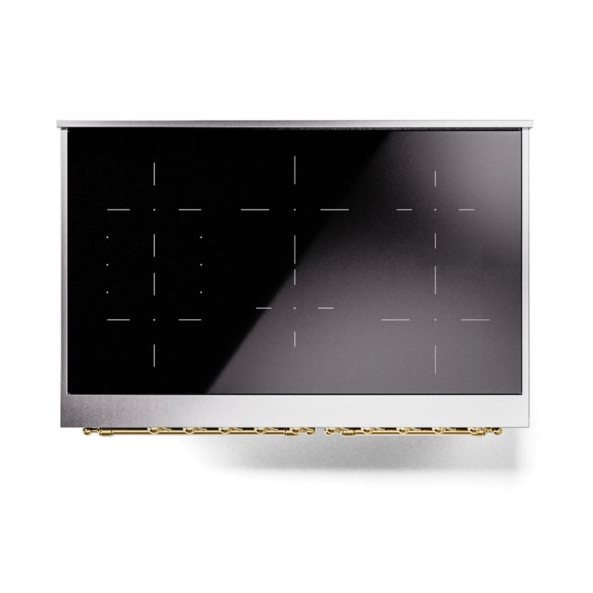Midnight blue cooktop glass with outlined heating zones and sleek control area
