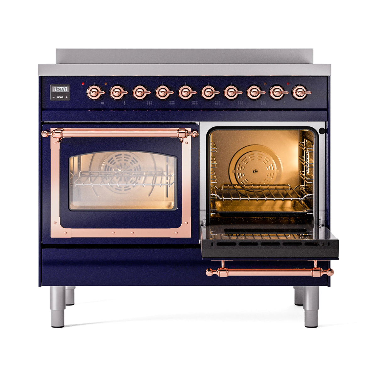 Midnight blue induction range with left oven open, right oven closed, copper door frame