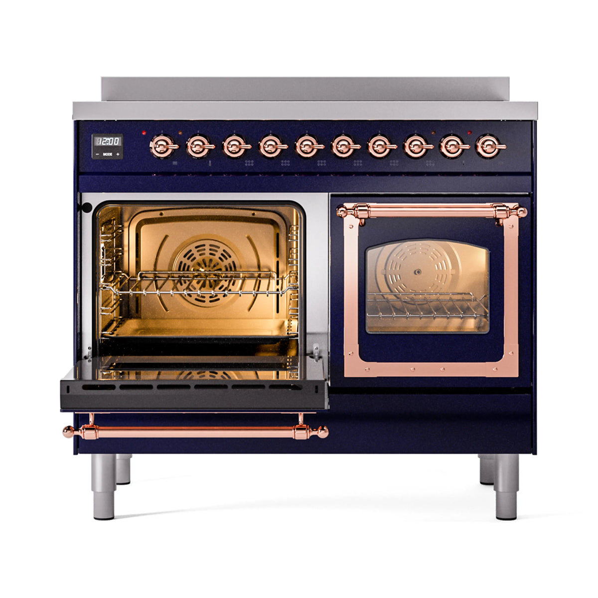 Midnight blue induction range with triple glass oven doors, copper trim, open front