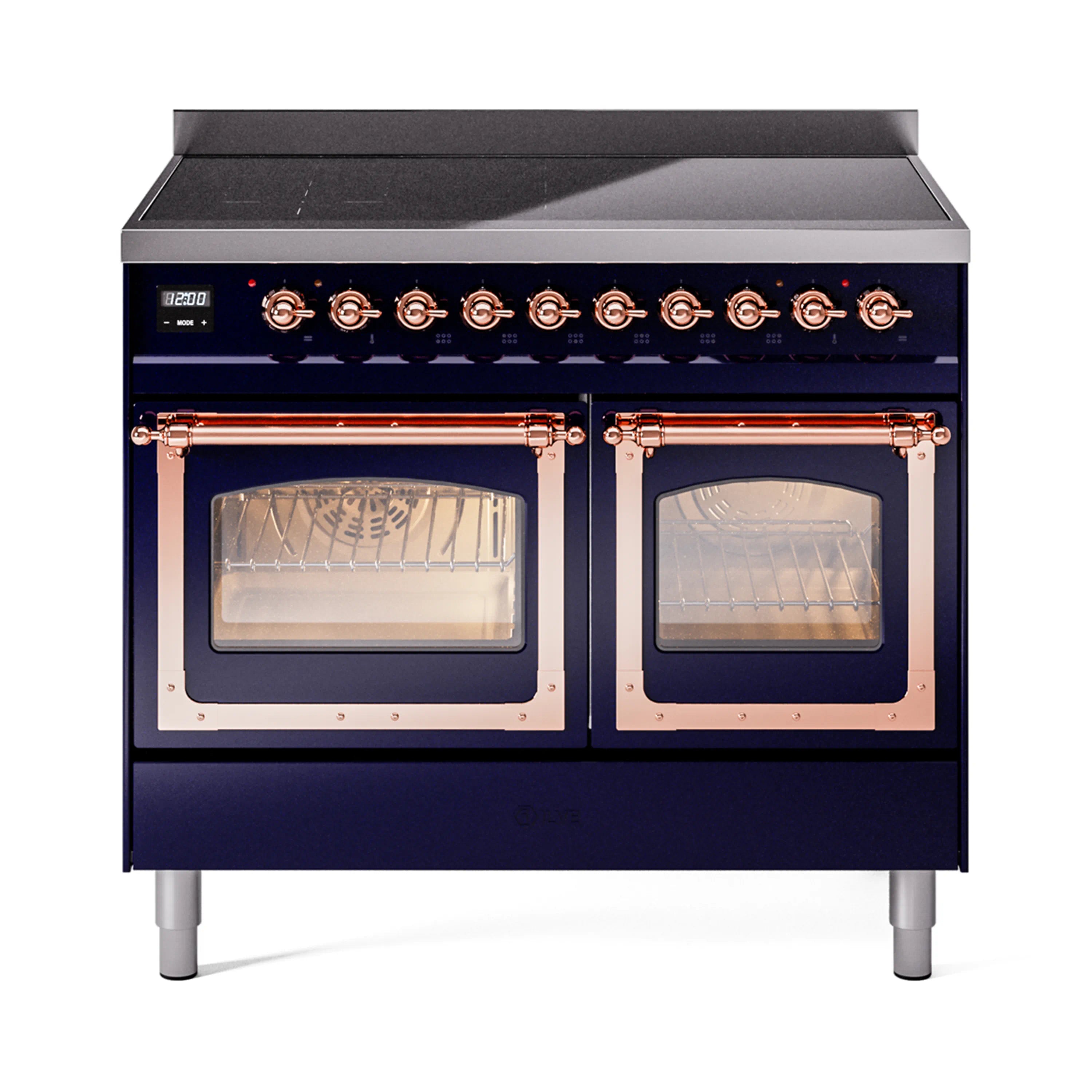 Midnight blue induction range with two oven doors and glass windows, copper handle rails
