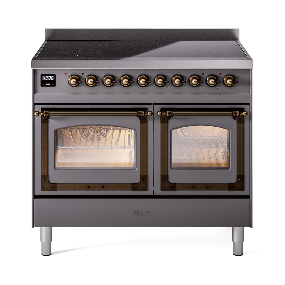Matte graphite induction range front with bronze control knobs and two triple-glass doors
