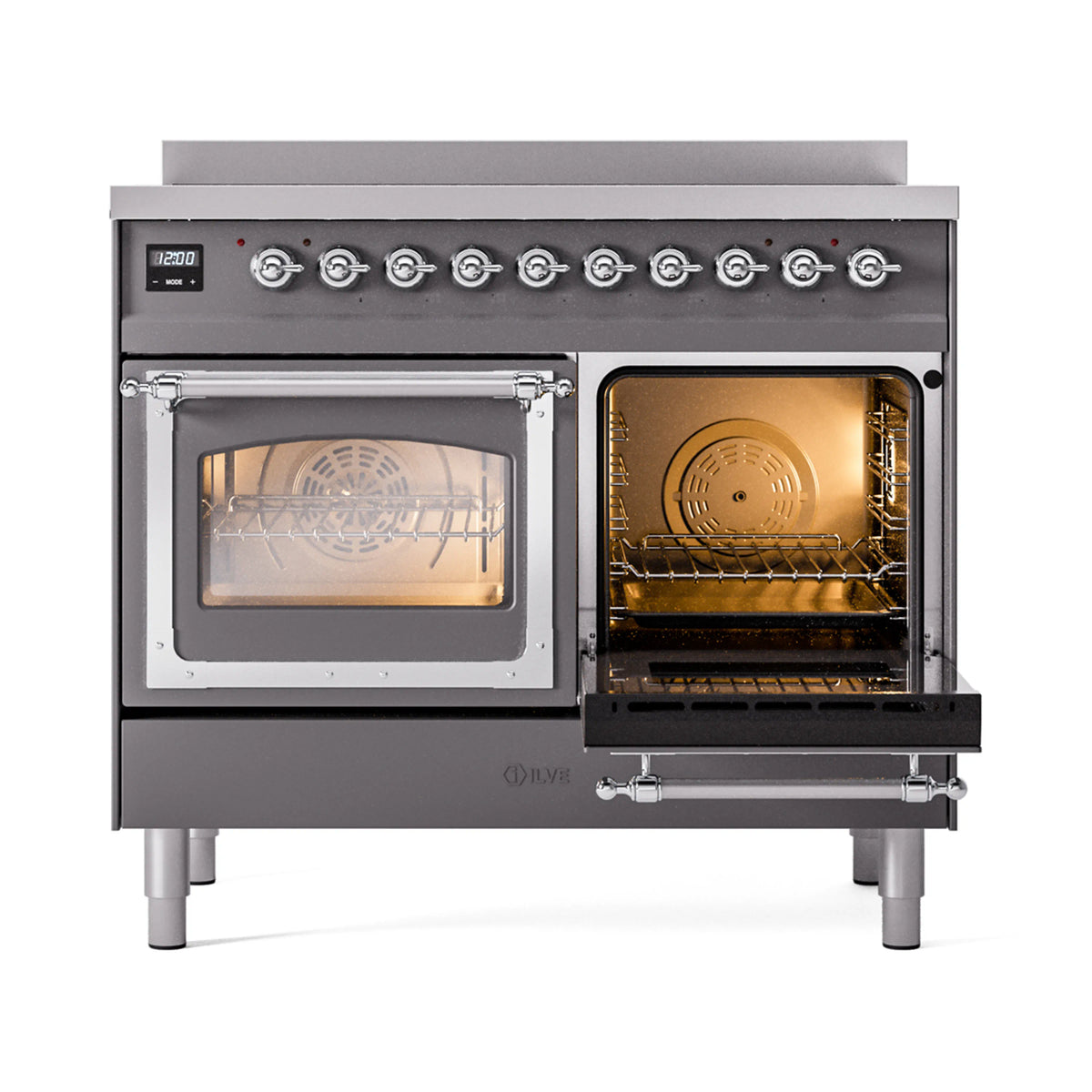 ILVE induction range, matte graphite, triple-glass double oven doors with chrome trim