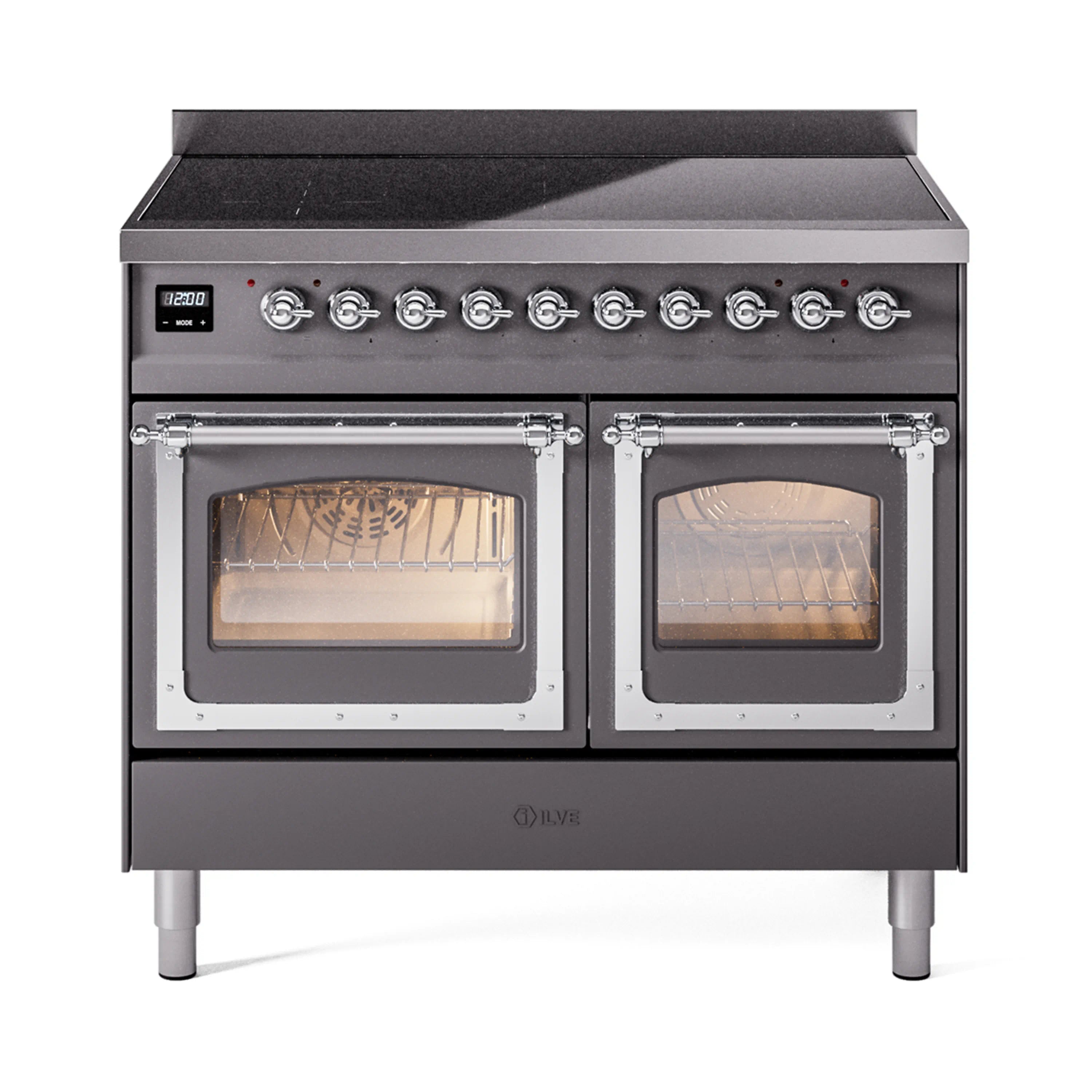 ILVE induction range, front view with open double doors, matte graphite finish