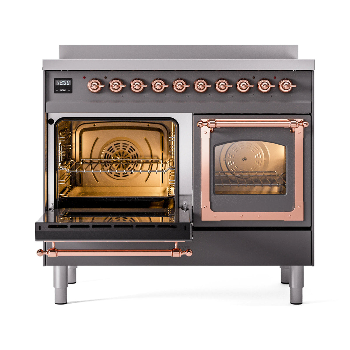 Matte graphite induction range with triple glass doors open, copper trim, two ovens