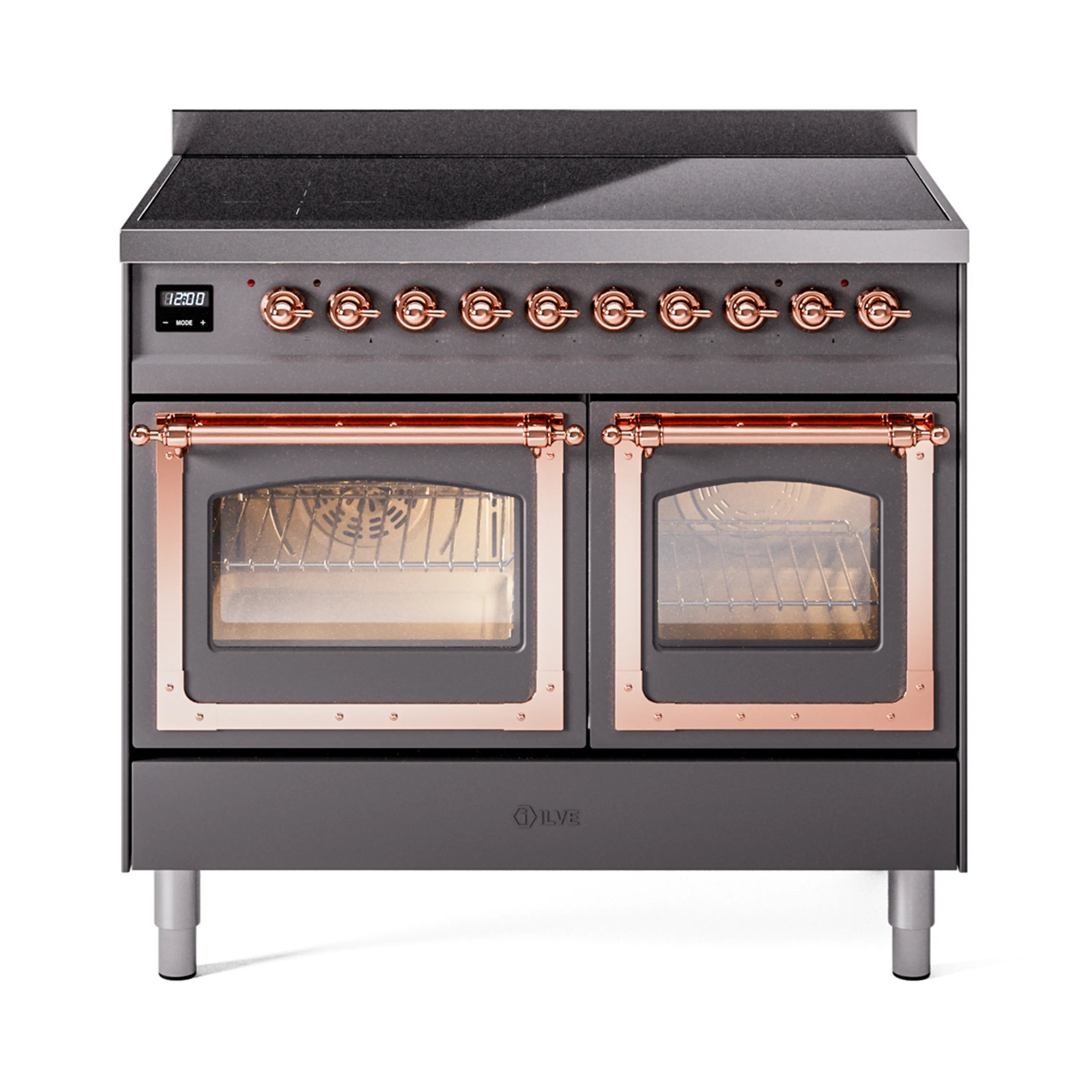 Matte graphite induction range front view with oven doors open and copper bar handles
