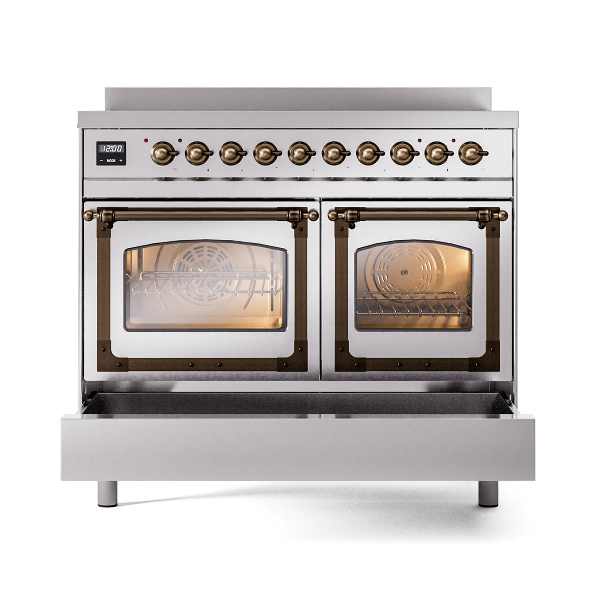 Stainless steel induction range with bronze-trim knobs and two oven windows