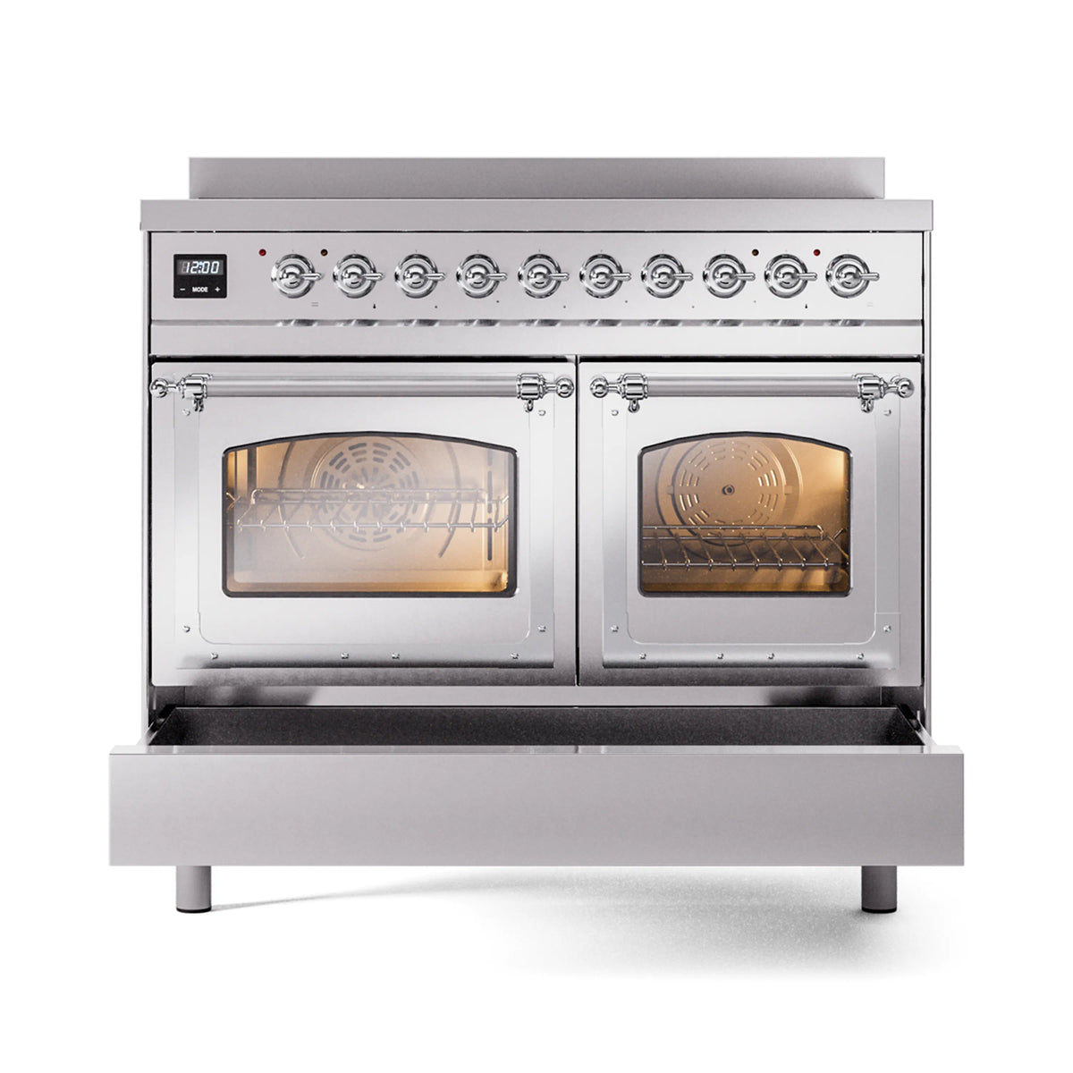 Stainless steel induction range with two oven doors and triple glass windows