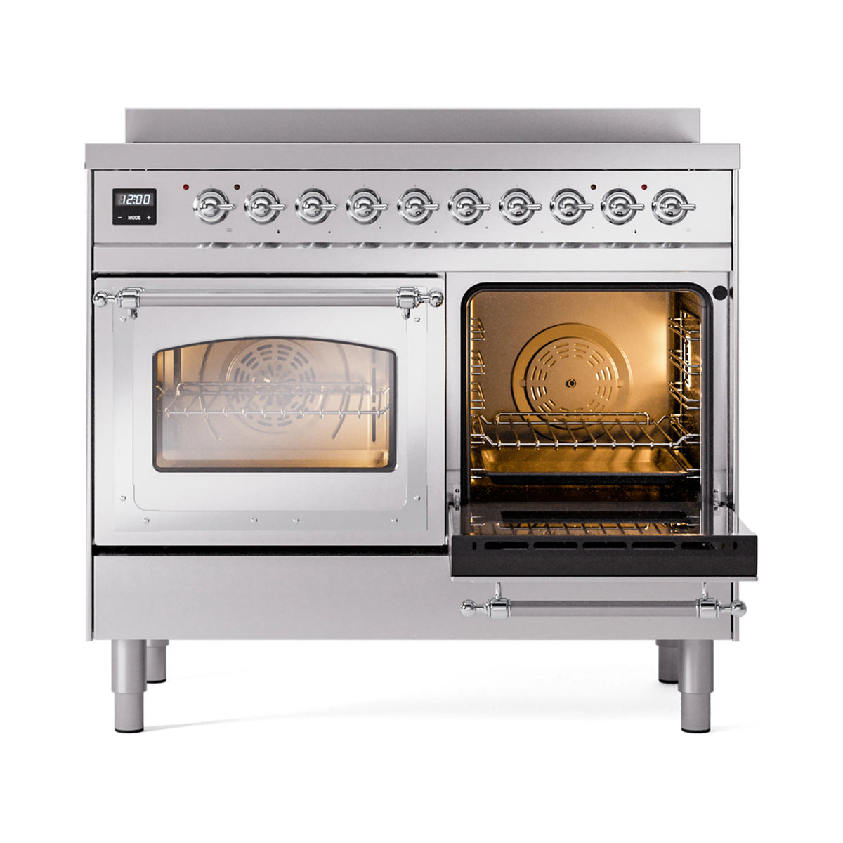 Stainless steel induction range with both ovens open and glowing interiors