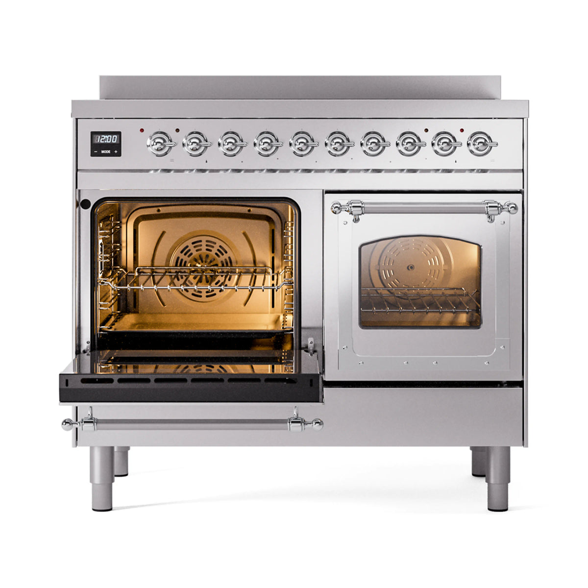 Stainless steel induction range with left oven open and racks inside