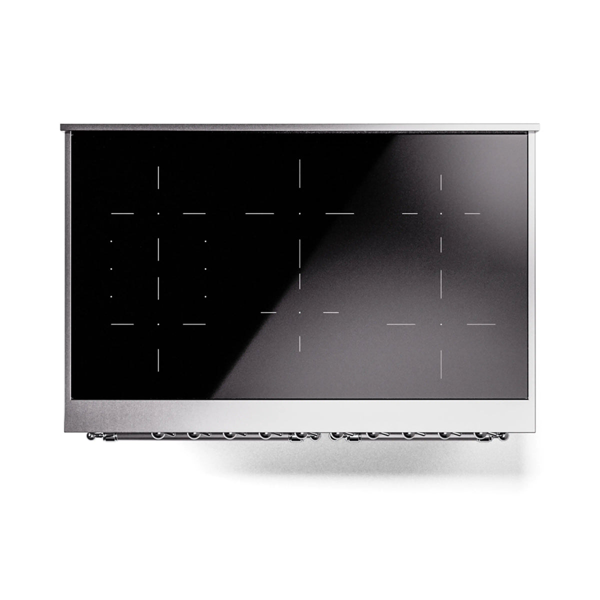 Stainless steel induction range cooktop with black glass surface and burner markings