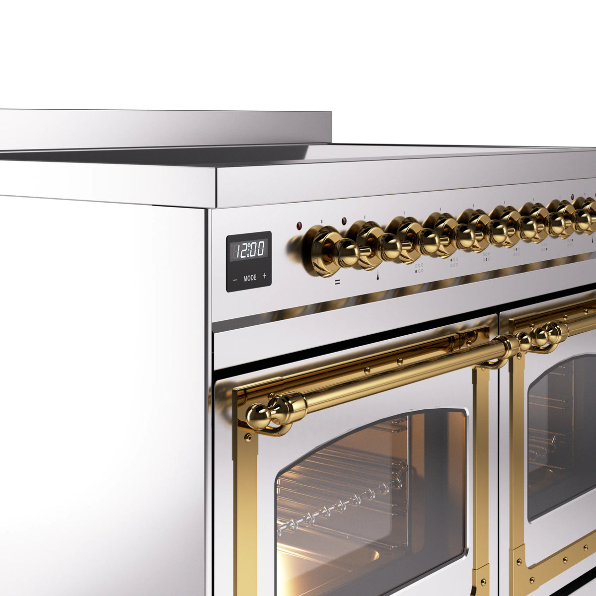 Brass-trim oven door handle and stainless control panel with digital display