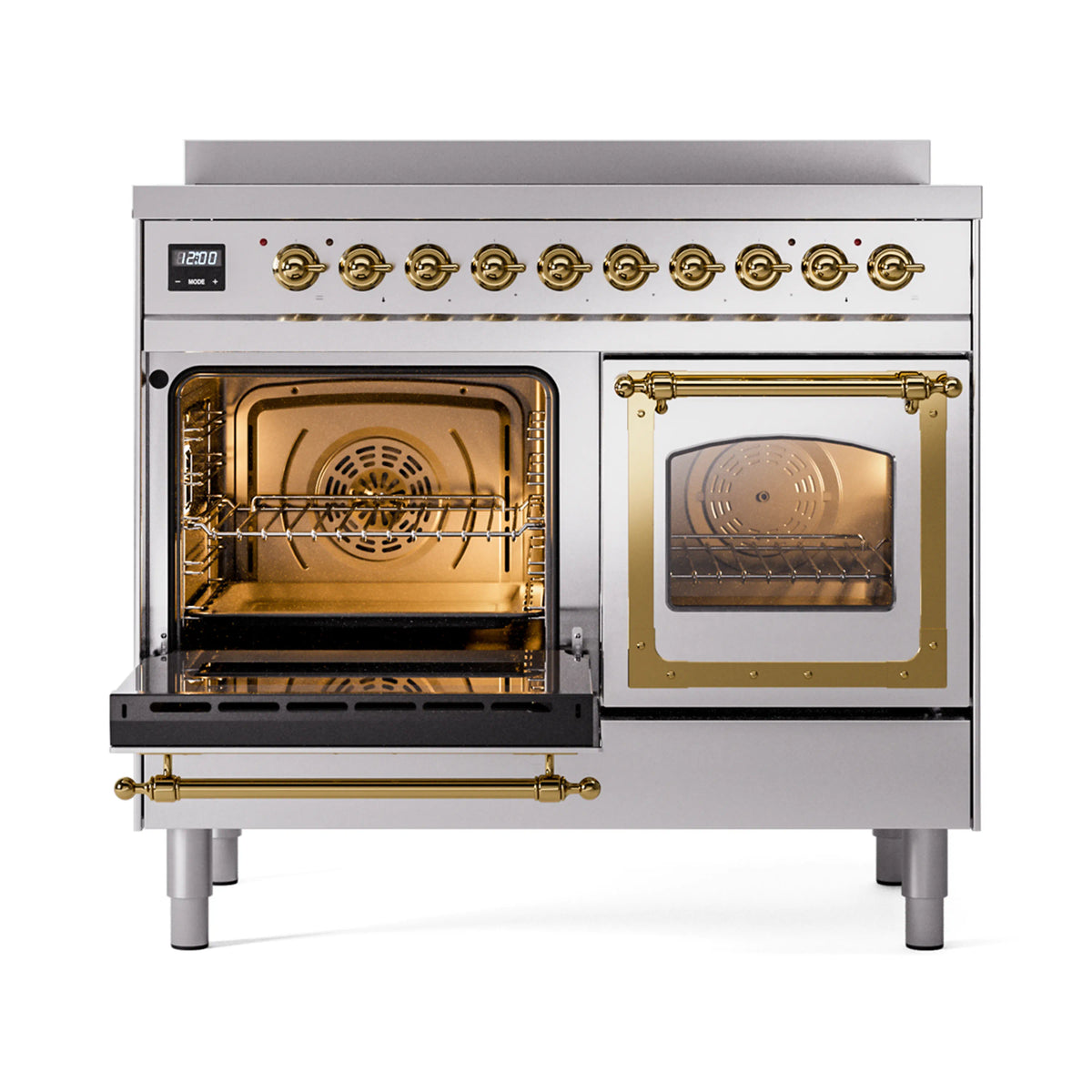 Stainless steel induction range with left oven door open, brass trim and knobs