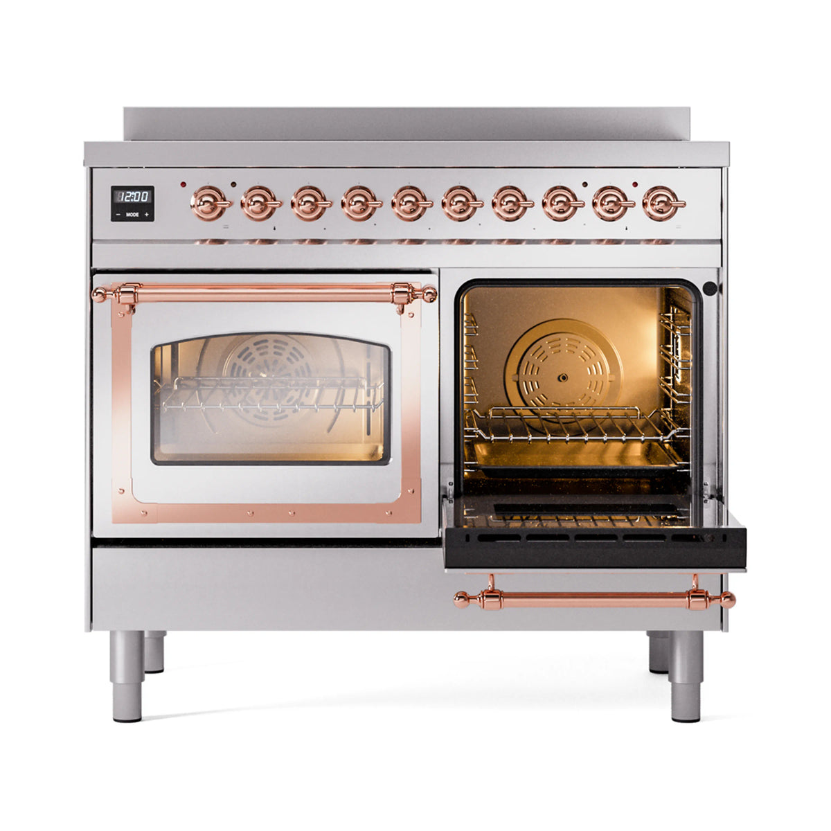 Stainless steel induction range with copper-trim oven doors, one side open with baking rack