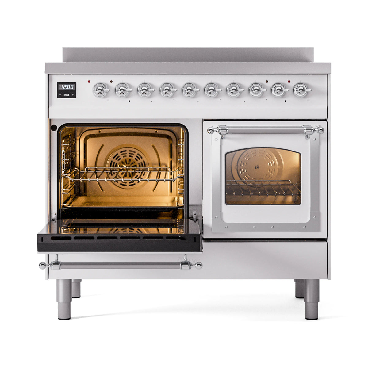White ILVE range with chrome trim, open ovens showing racks and warm interior light