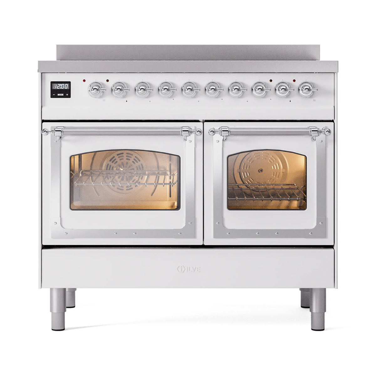 White double oven range with chrome trim, both oven doors open, visible racks and lights