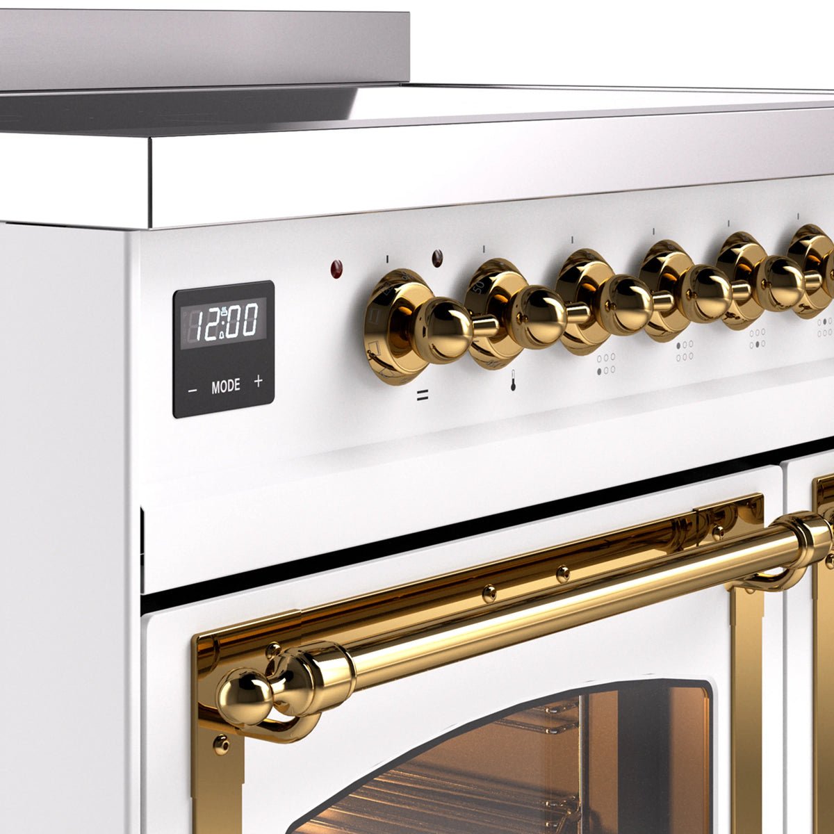 White induction range control panel with brass knobs and digital display, oven handle below.