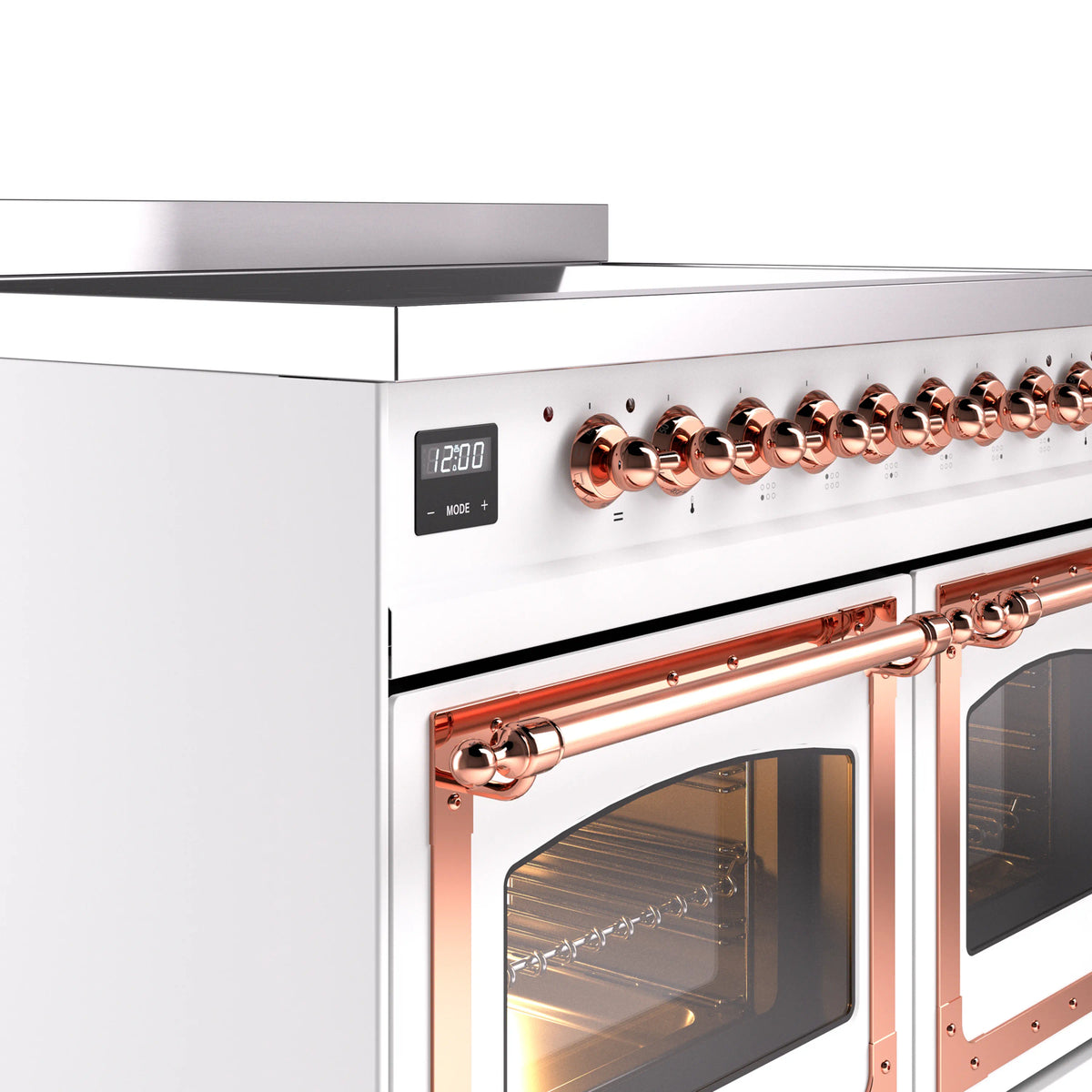 Copper-trim control knobs and illuminated oven handle trim on a white range