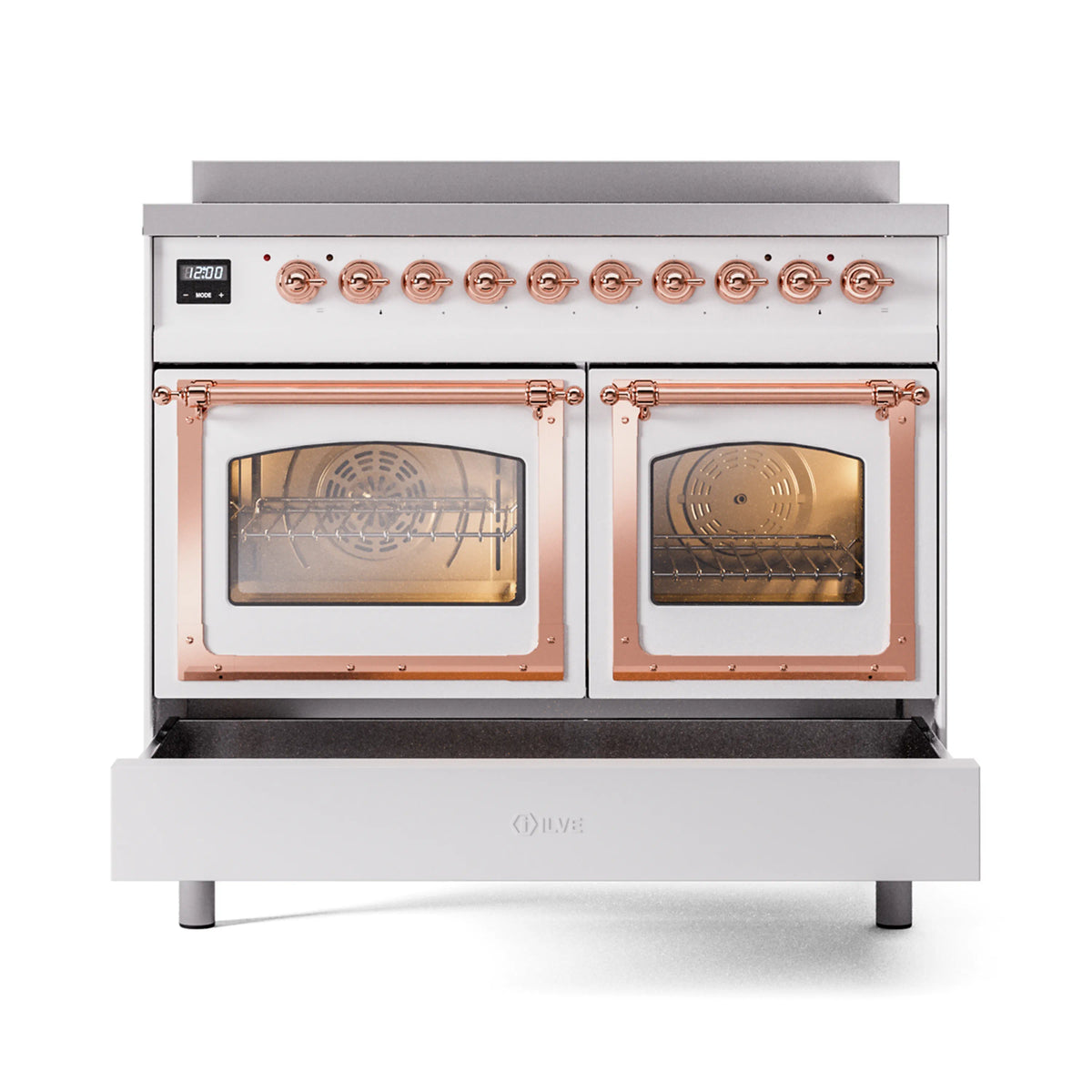White range with copper-trim oven doors, two glass windows, and control knob row