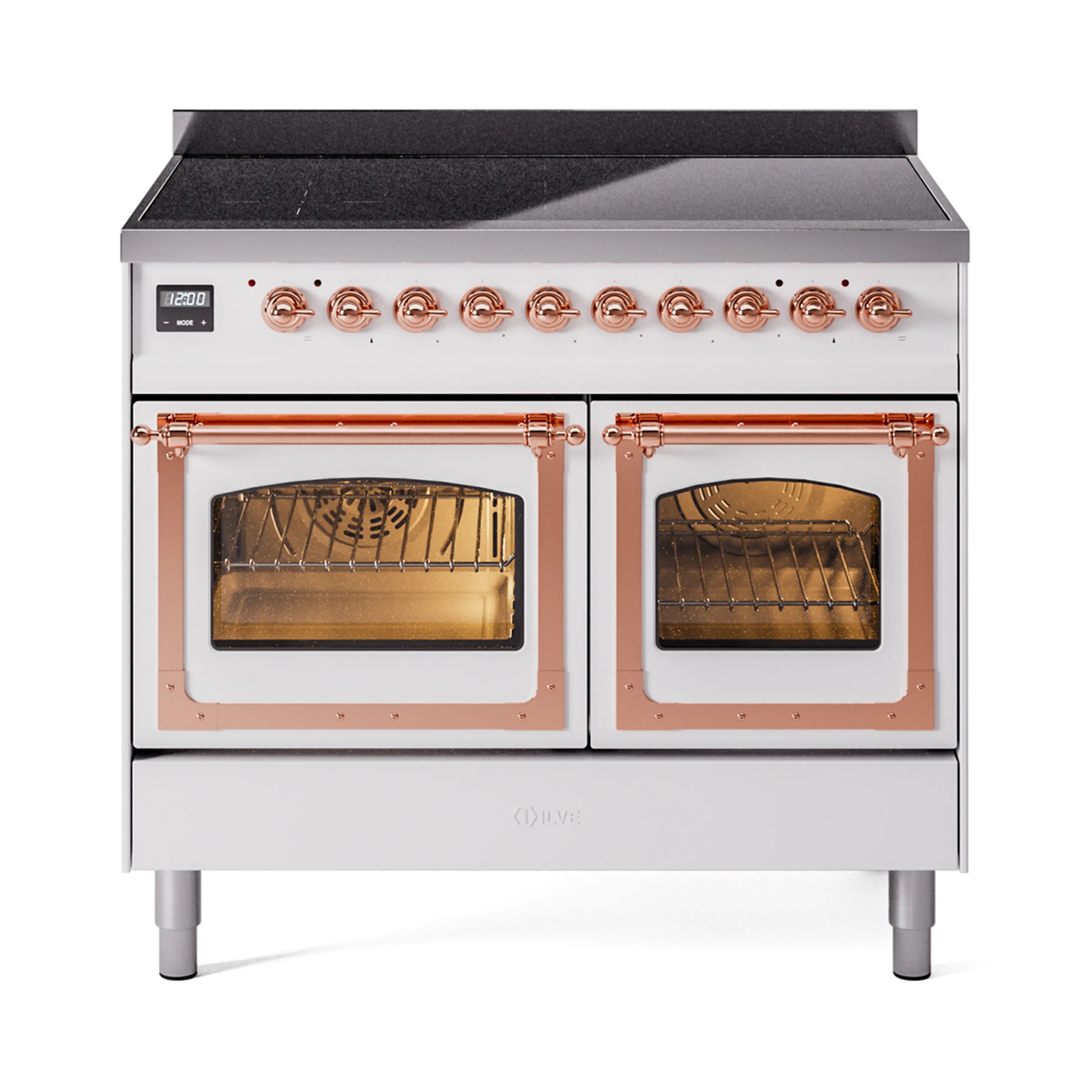 White induction range with copper-trim knobs and two oven windows on triple-glass doors