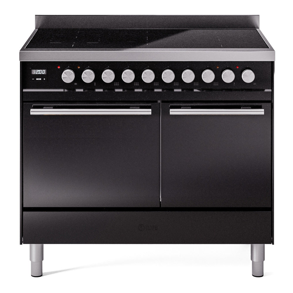 Induction range with two oven doors, black cooktop, and row of control knobs