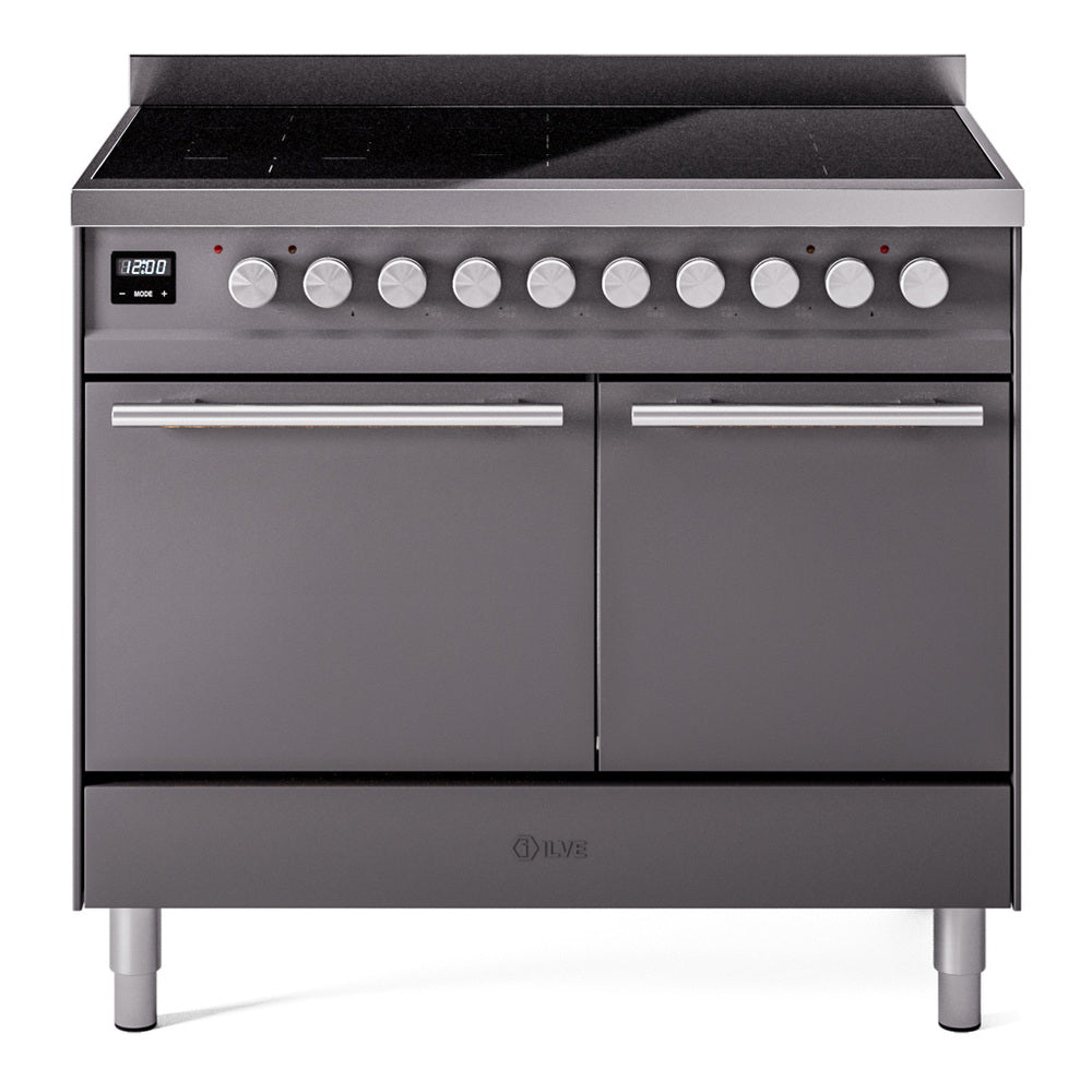 Matte graphite induction range with two doors, cooktop knobs, and lower storage drawer.