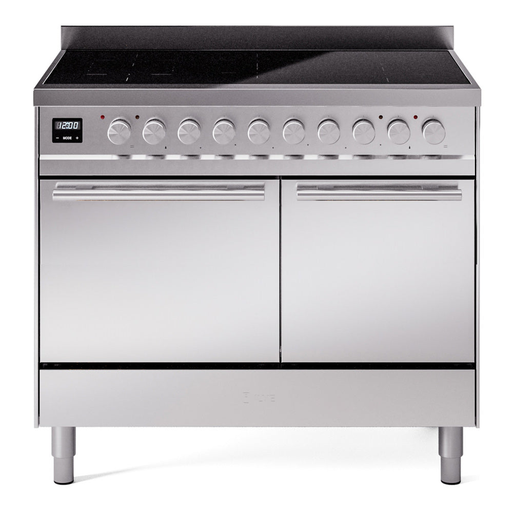 Stainless steel induction range with control knobs, cooktop, and two closed oven doors