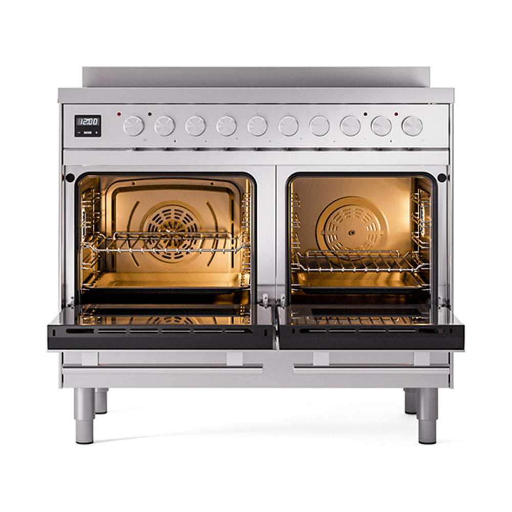 Stainless steel dual-oven induction range with two open oven doors and control panel
