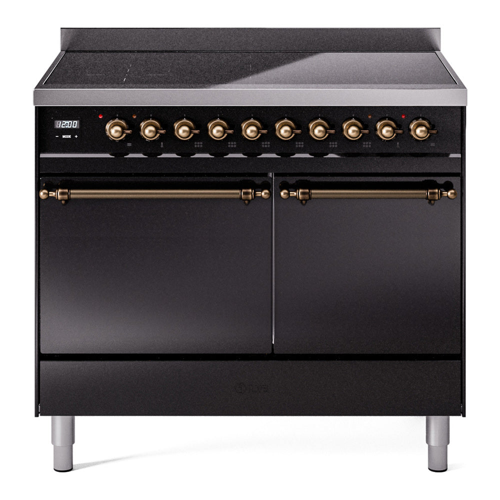 Glossy black induction range with bronze knobs and two solid oven doors