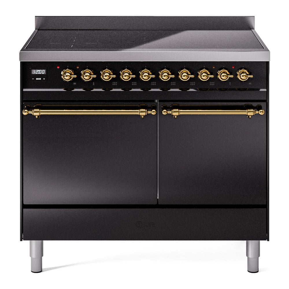 Nostalgie induction range front with brass knob controls and double solid oven doors