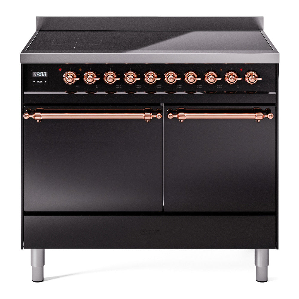 Glossy black range with copper control knobs and two solid oven doors