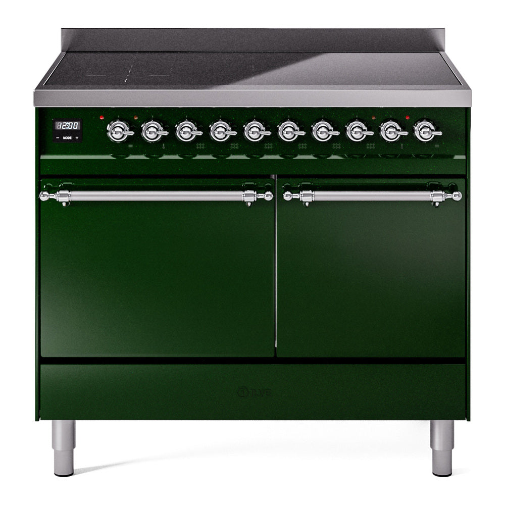 Emerald green induction range front view with chrome knobs and two solid oven doors