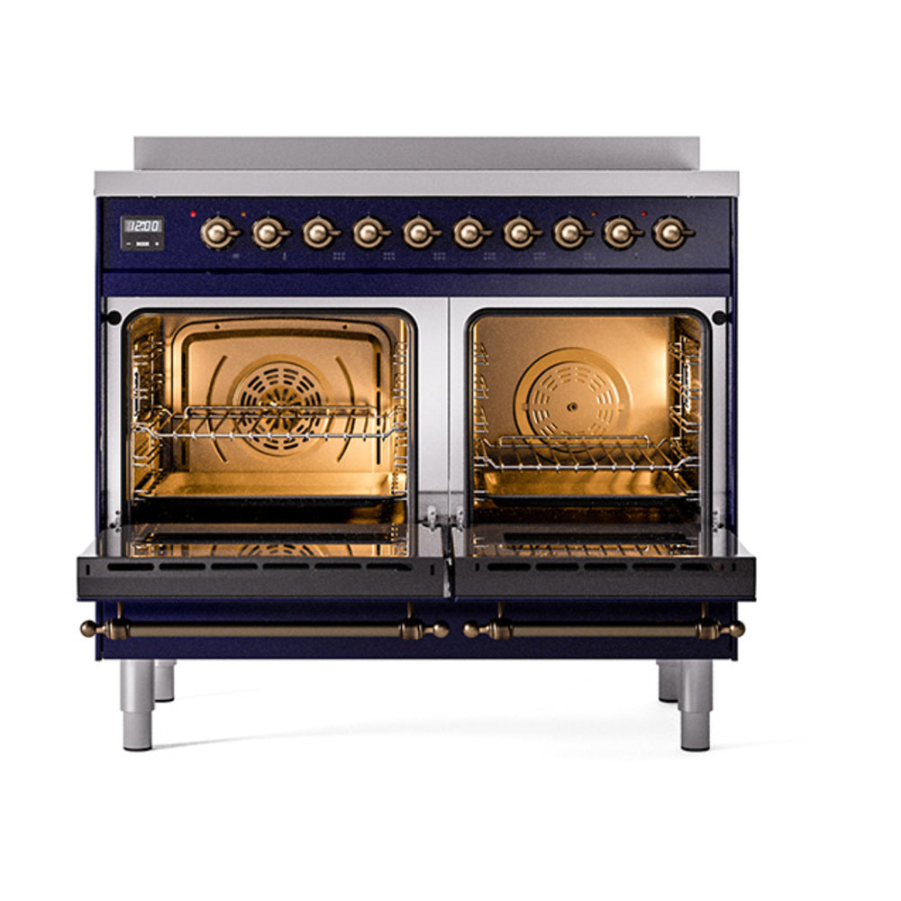 Midnight blue induction range with two open solid door ovens and bronze trim
