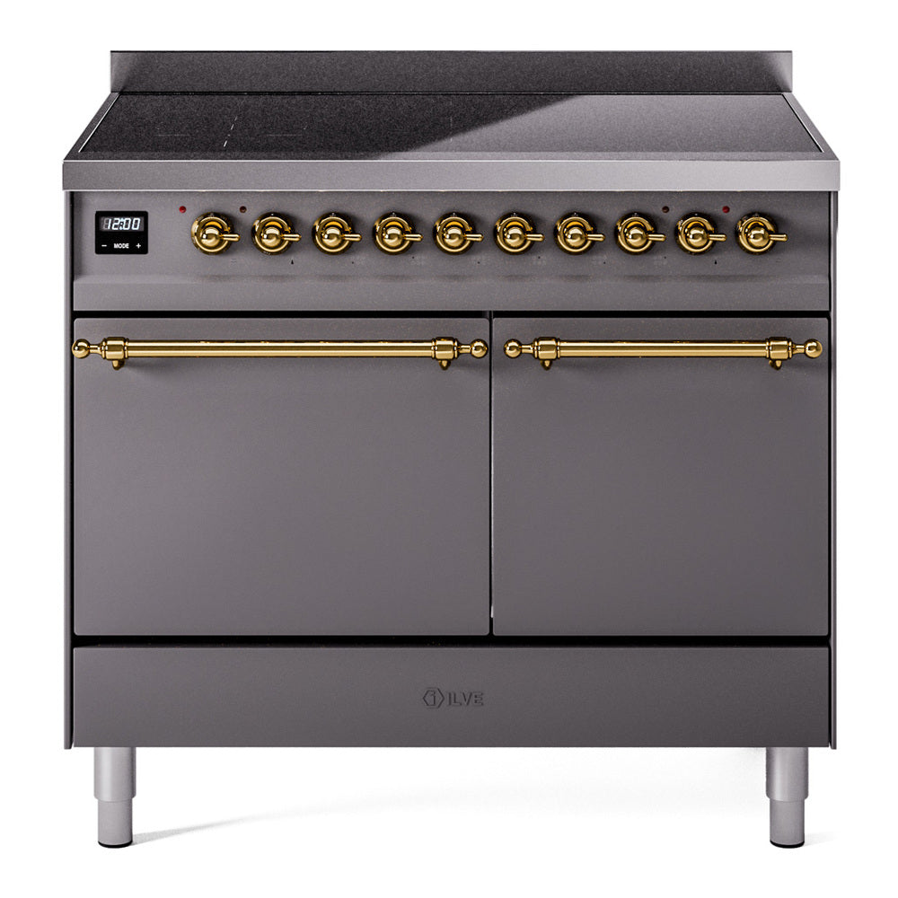 Matte graphite induction range with brass knobs, two solid oven doors, and display