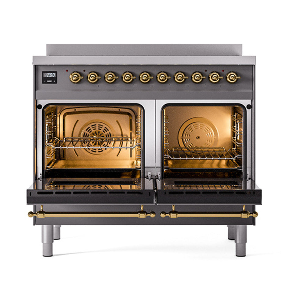 Induction range with two open ovens, rack interior, and brass-trim knobs