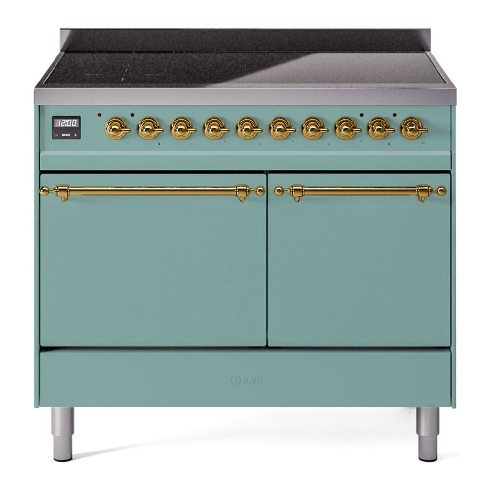 ILVE 40-Inch Nostalgie II Induction Range with Solid Door Oven in Mediterranean Mint with Brass Trim (UPDI406QNMPMMG)