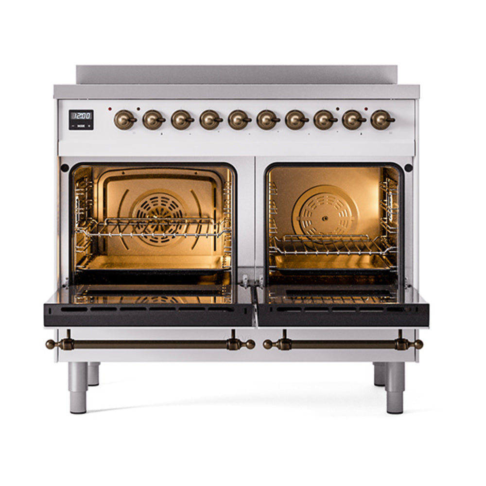 Induction range with two open oven doors and bronze-trimmed control knobs