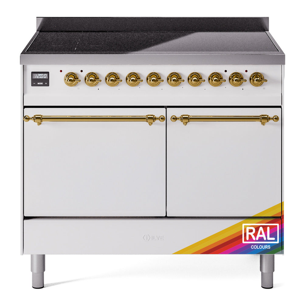 Induction range with two solid doors, brass control knobs, and decorative brass rail
