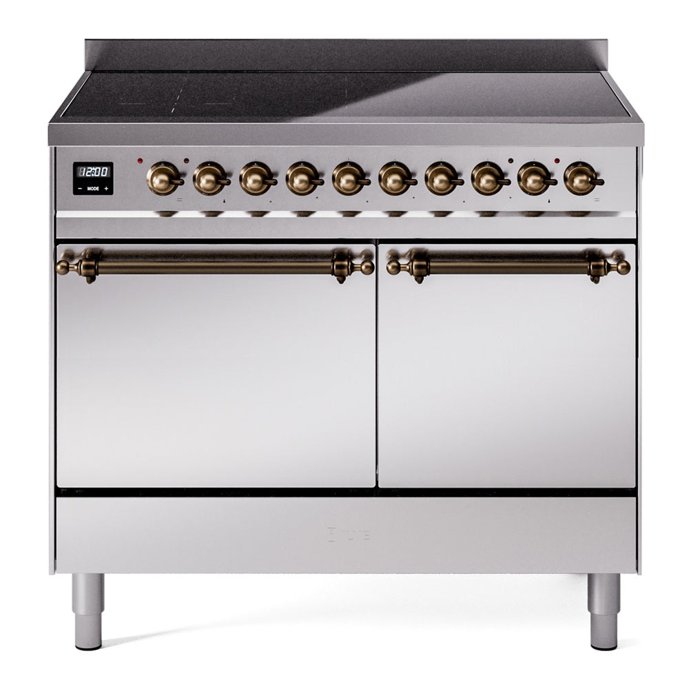 Stainless steel induction range with two oven doors and bronze control knobs
