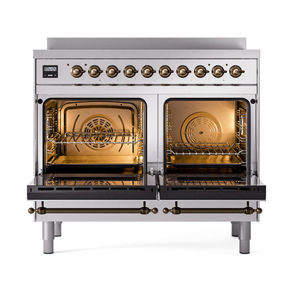 Stainless steel double-oven range with open solid door and bronze-trim handles