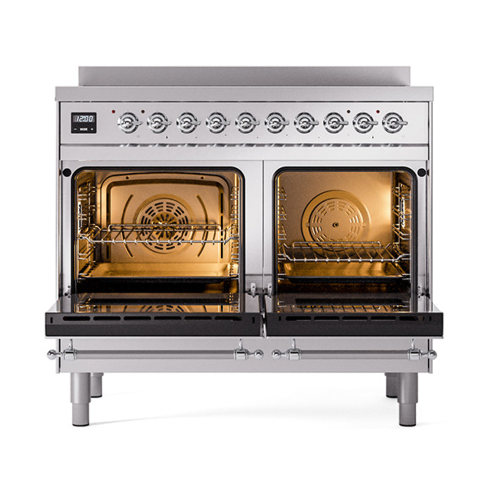 Stainless induction range with open solid door oven and two interior racks