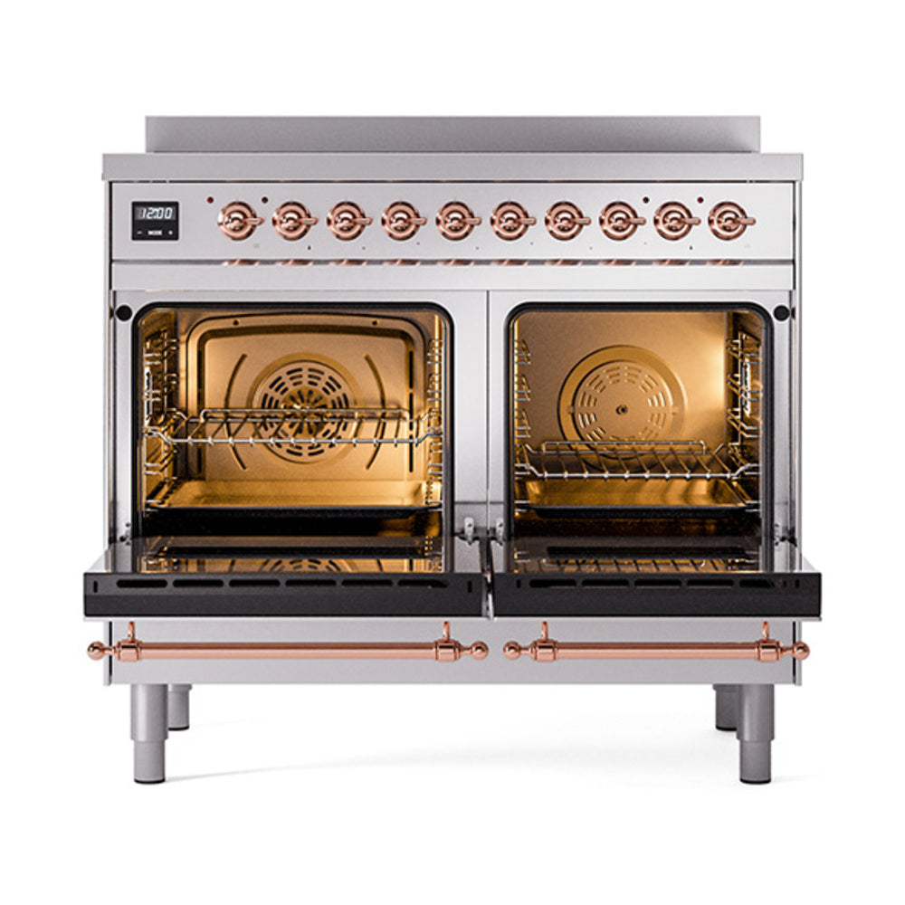 Stainless induction range with copper trim, front ovens open, two interior racks visible