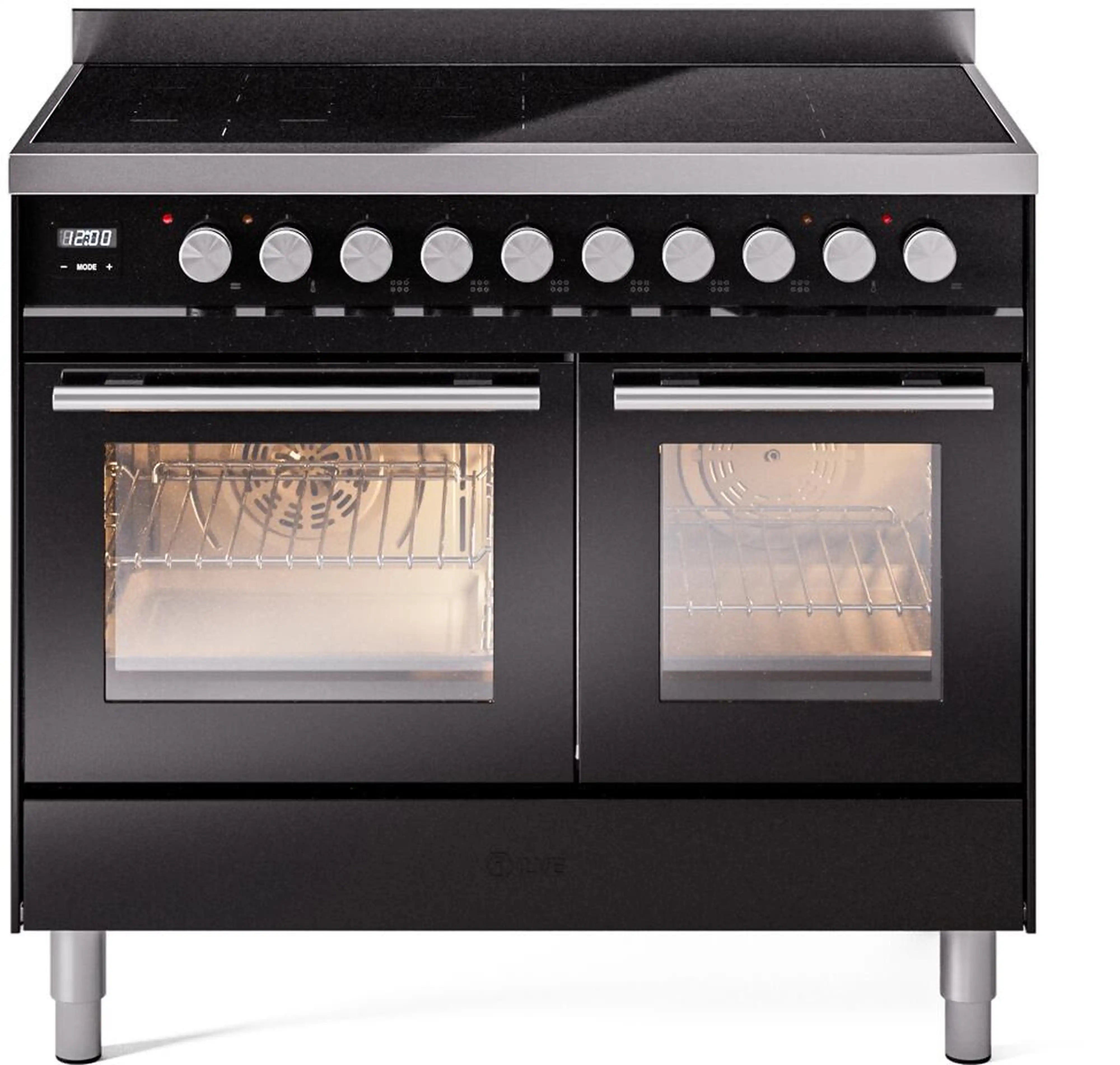 Glossy black induction range with two open ovens showing racks and glowing interior