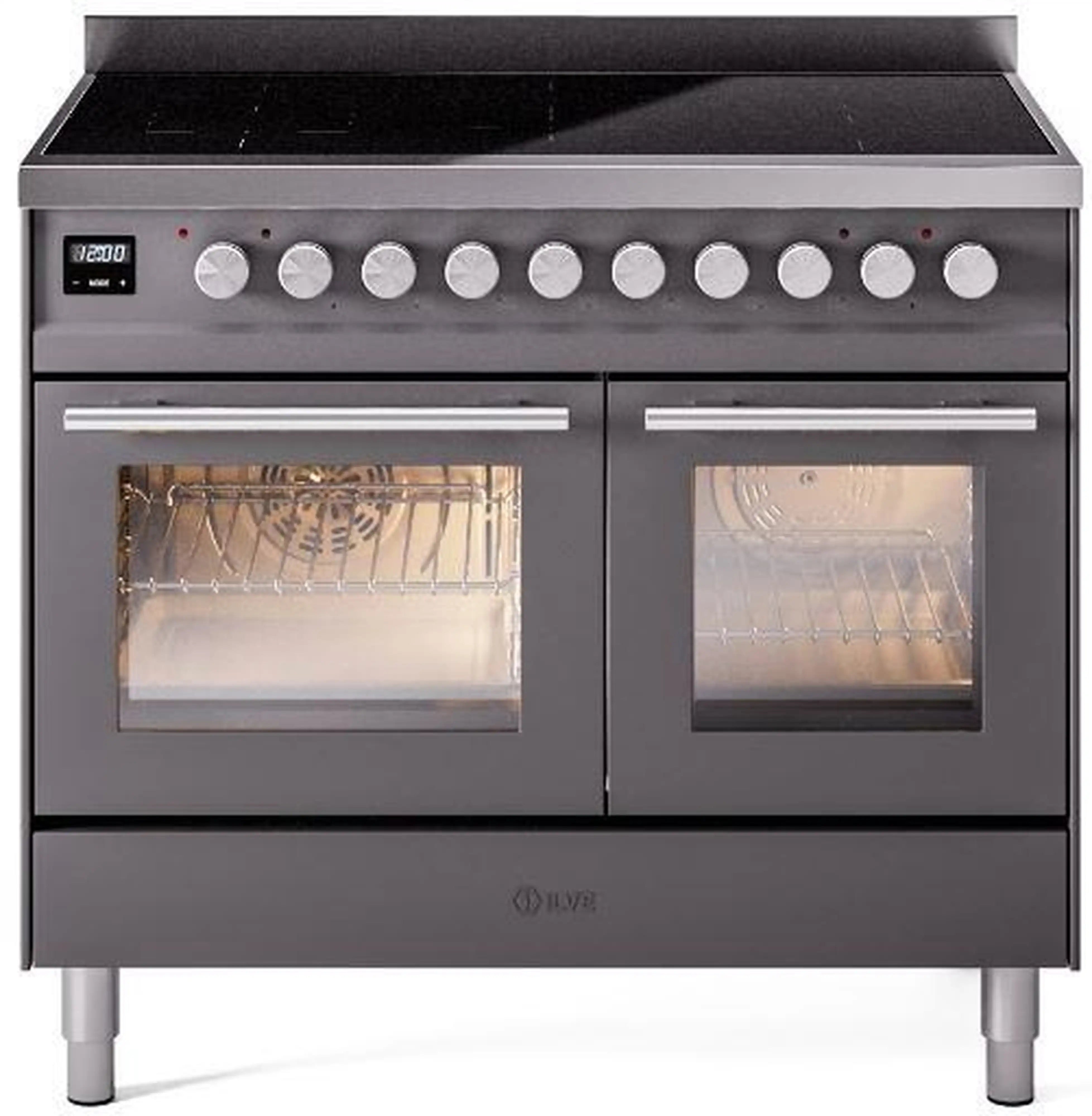 Matte graphite induction range with cooktop knobs and two oven doors