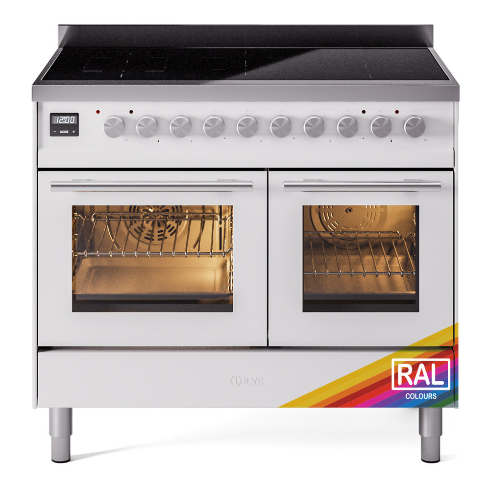 Induction range front view with two oven doors, knob panel, and RAL colors badge